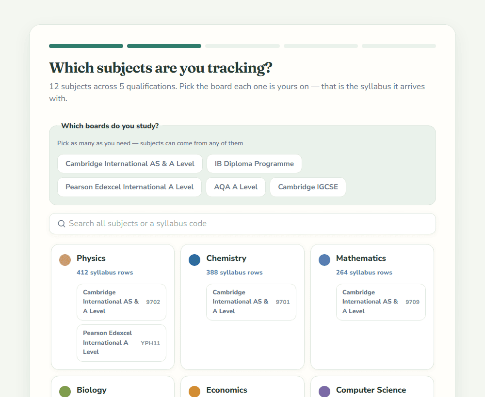 Momentum's sign-up subject picker, listing Physics, Chemistry, Mathematics, Biology and more with the number of syllabus rows each one arrives with, and the exam board each is taught on.