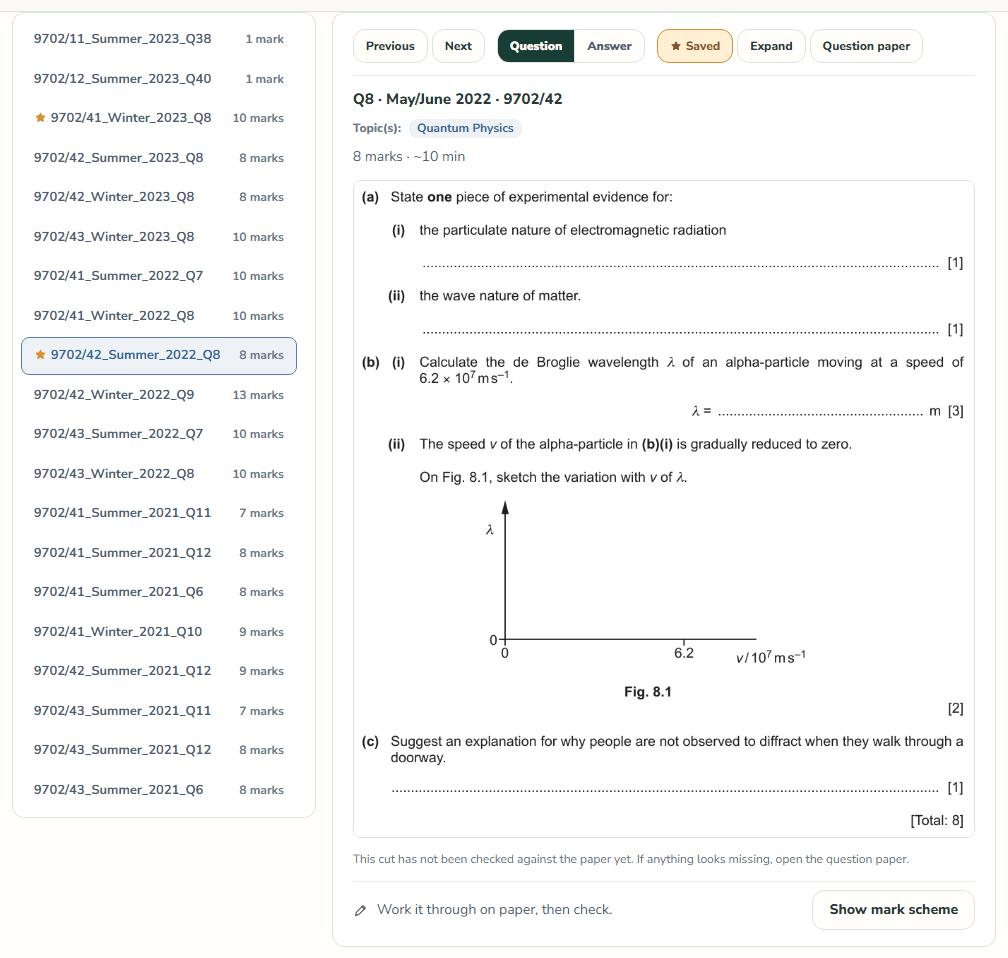 The Topical tab: Physics 9702 Quantum Physics questions from 2021 to 2023 listed down the left, two marked with a star, beside the open question 9702/42 May/June 2022 Q8, worth 8 marks and about 10 minutes, with its Saved button pressed.